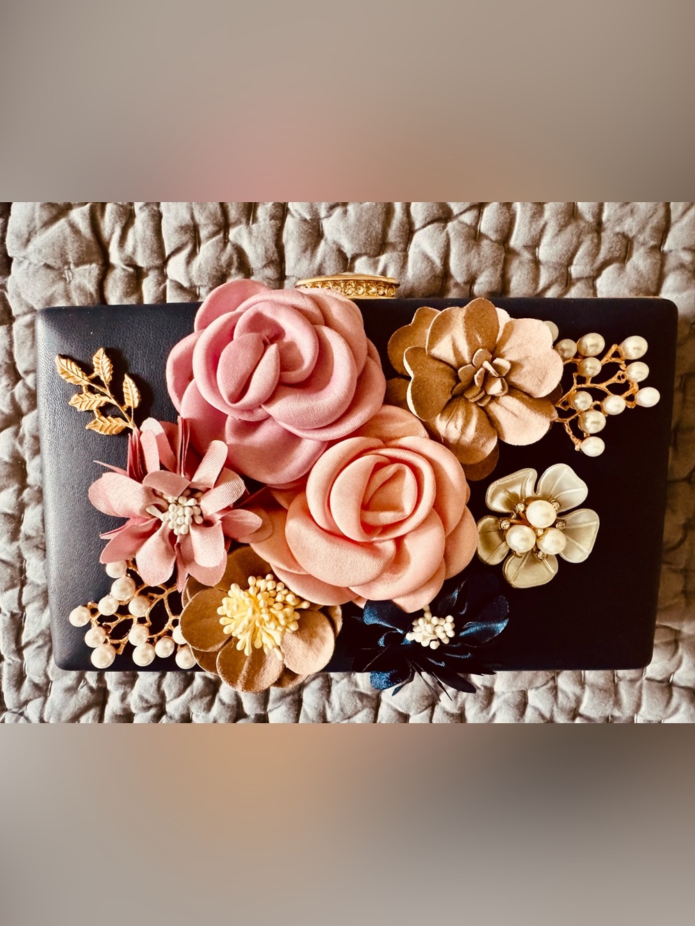 Floral Embellished Navy Evening Bag with Mauve, Peach and Taupe Flowers